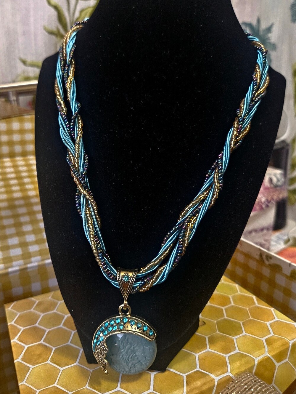 Twisted Necklace Hand Made Got At Craft Event Big Blue Stone Beaded